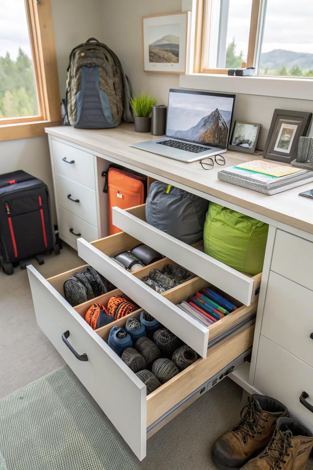Drawer units effectively sort plus keep camping equipment.