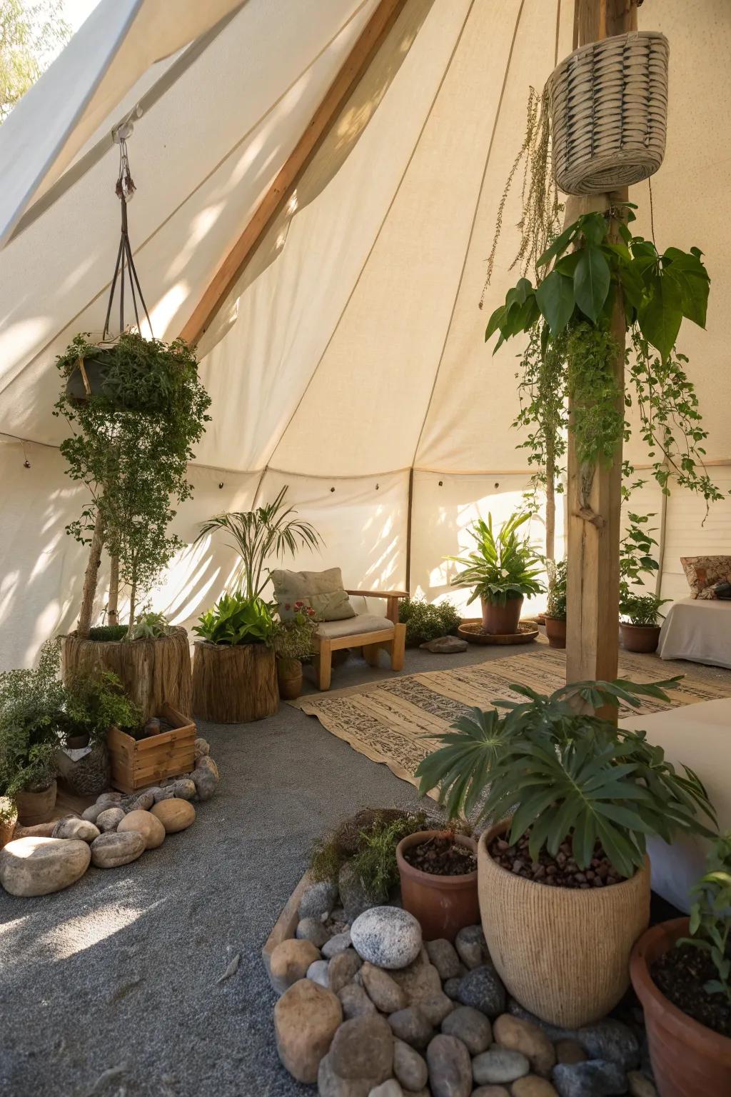Permeate your tent through raw compositions to uphold a connection with the natural world.