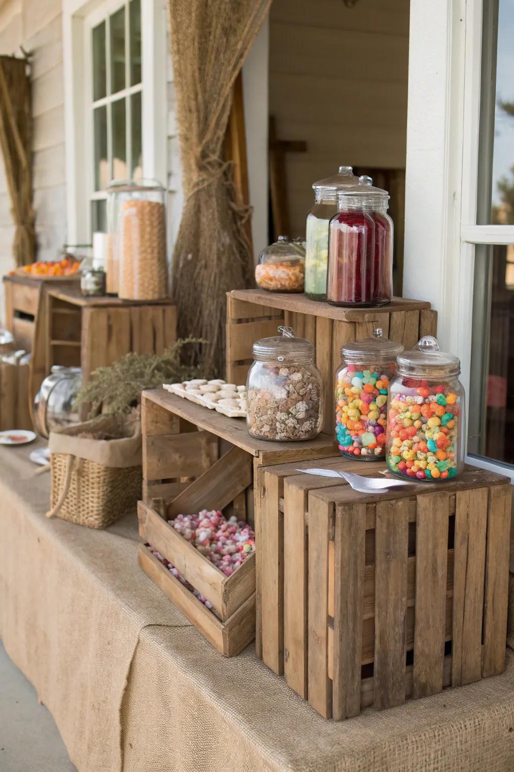 A rustic candy station exuding warmth and simplicity for your gathering.