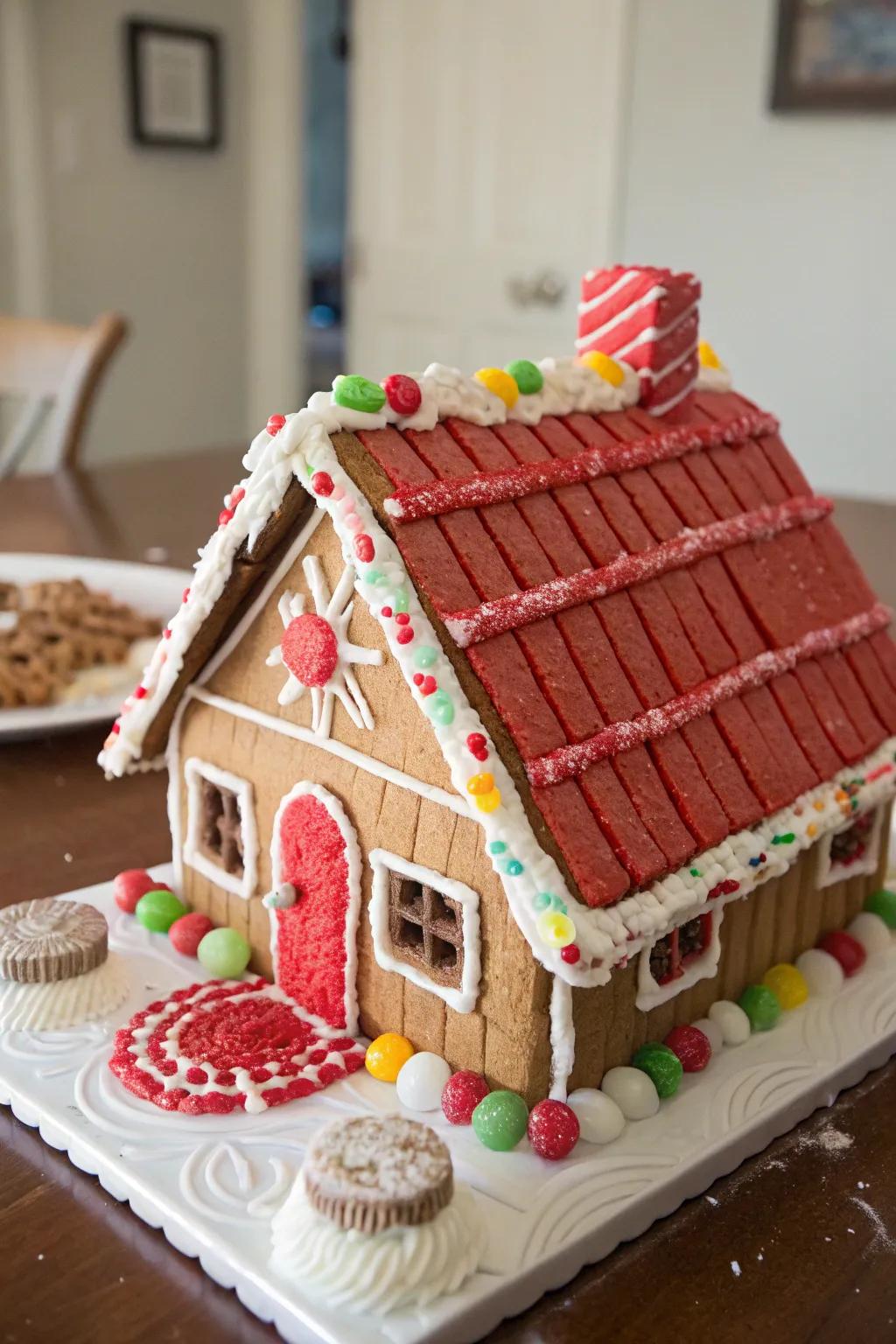 Twizzlers creatively used as roof shingles on a gingerbread house.