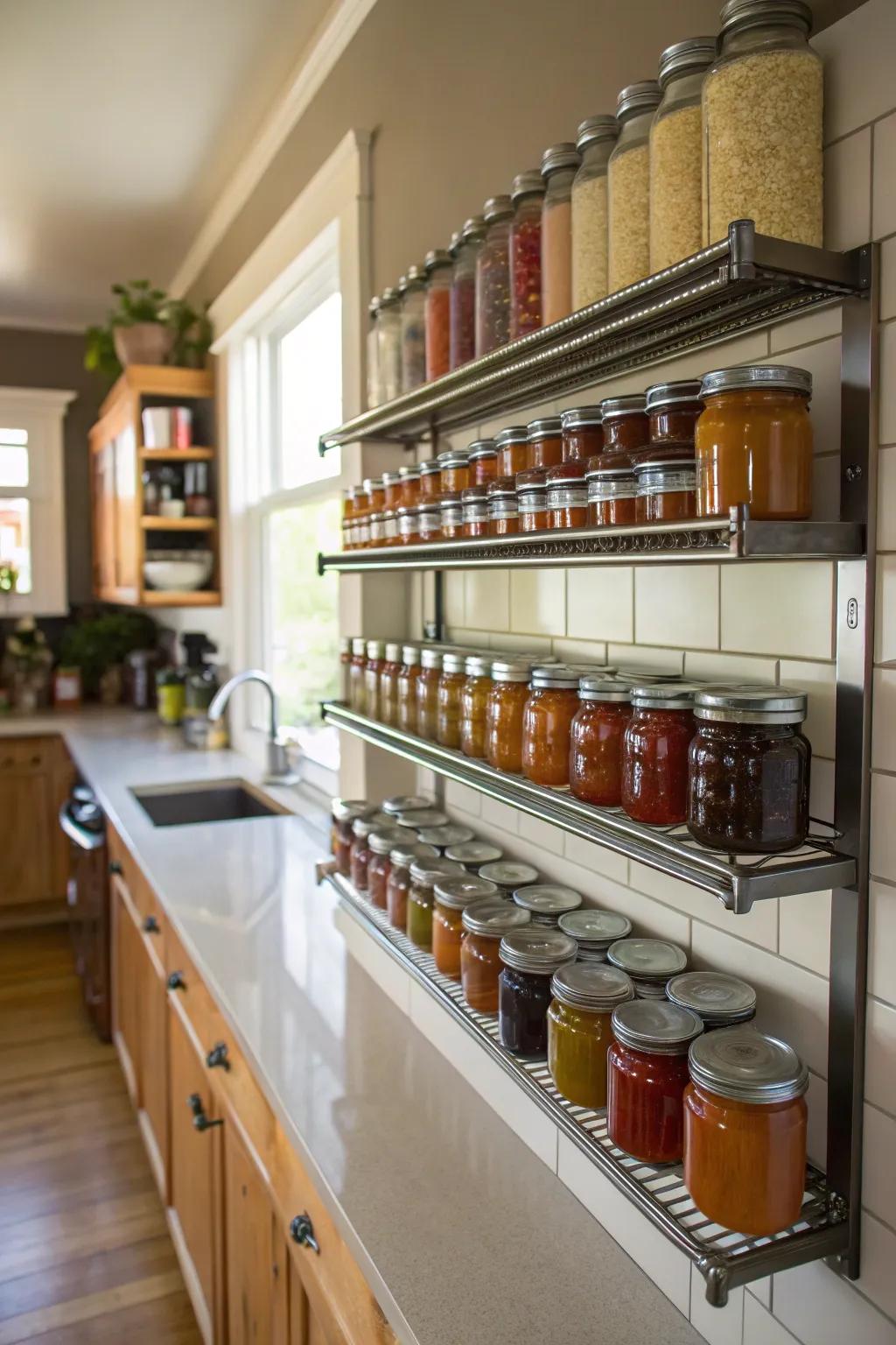 Save space using wall-mounted shelves designed for your canning jars.