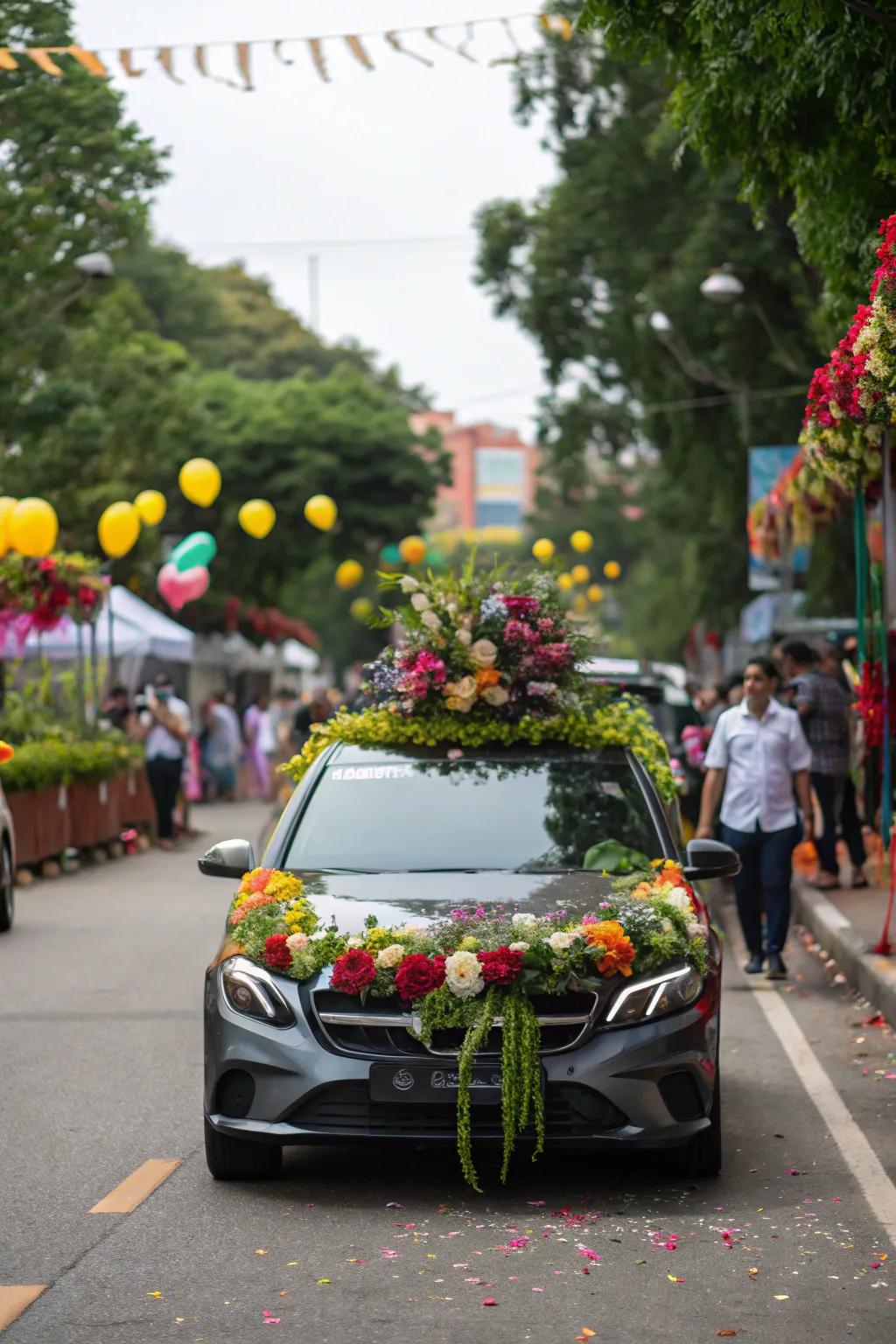 A car turned into a floral masterpiece, perfect for a festive parade.
