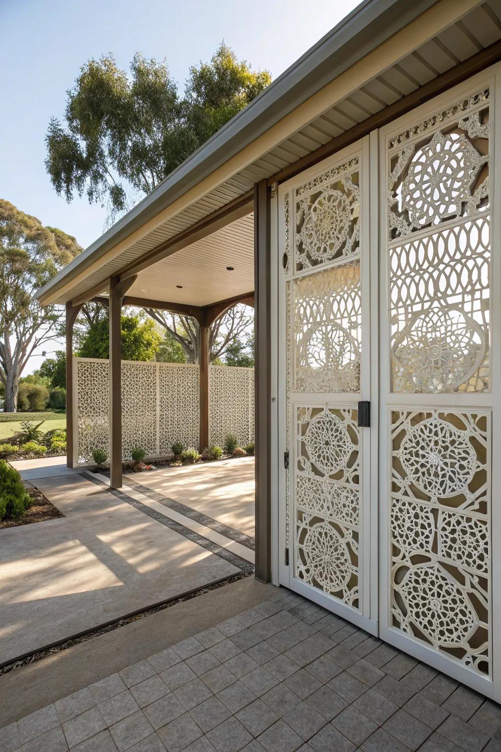 Carport featuring ornate lattice panel doors, injecting an artistic element into the design.