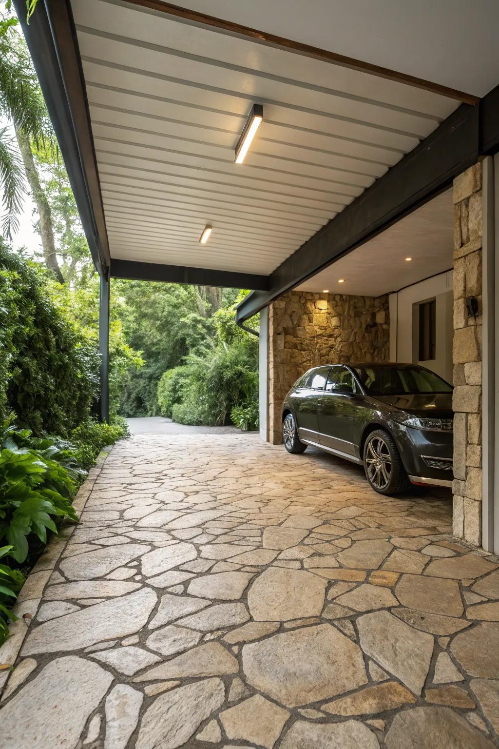 Rock pavers compose an organic, unified carport atmosphere.