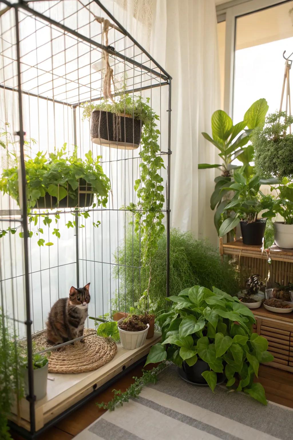 Nature-inspired elements bring energy and freshness to a cat's living space.