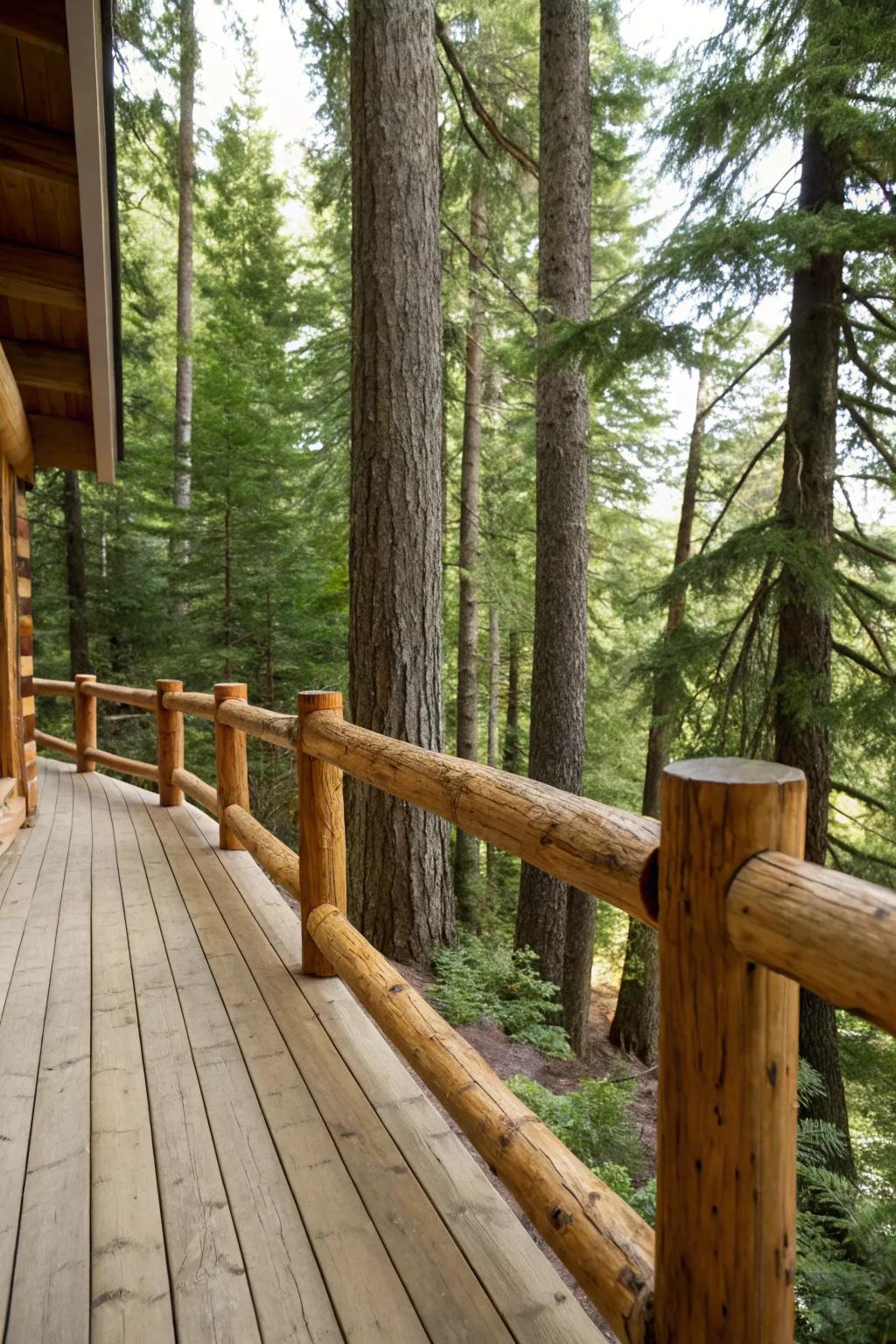 Embrace nature with rustic log railings.