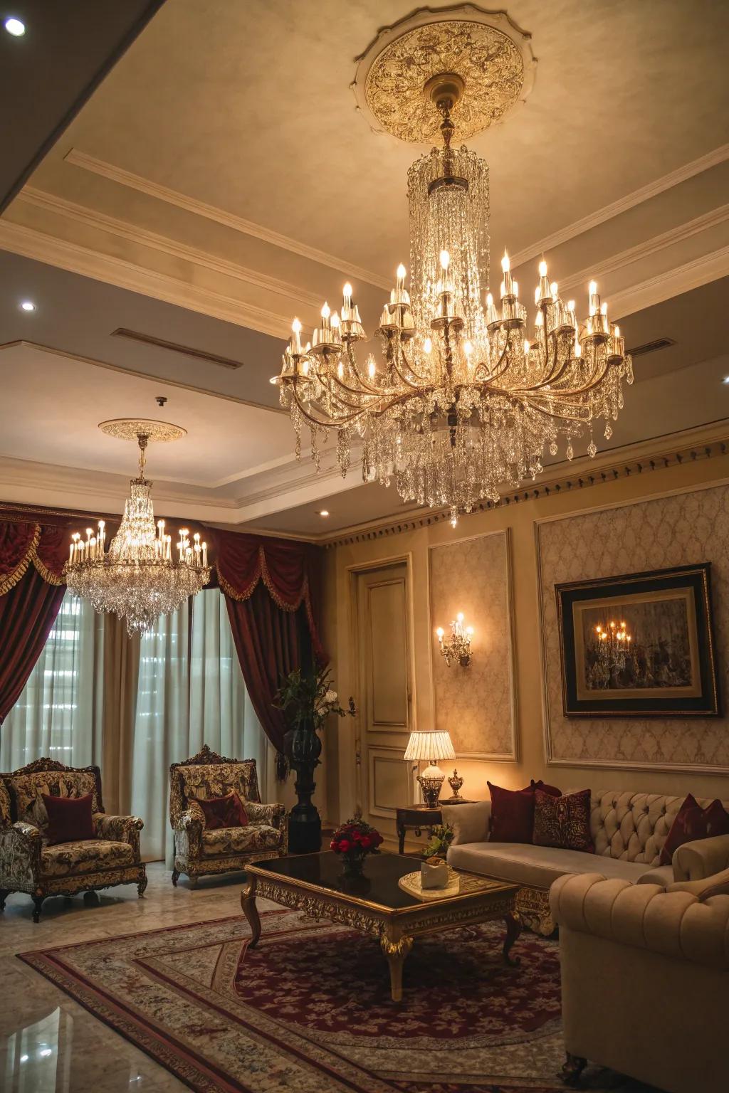 Make an impactful statement with a dazzling chandelier as the focal point of your ceiling.