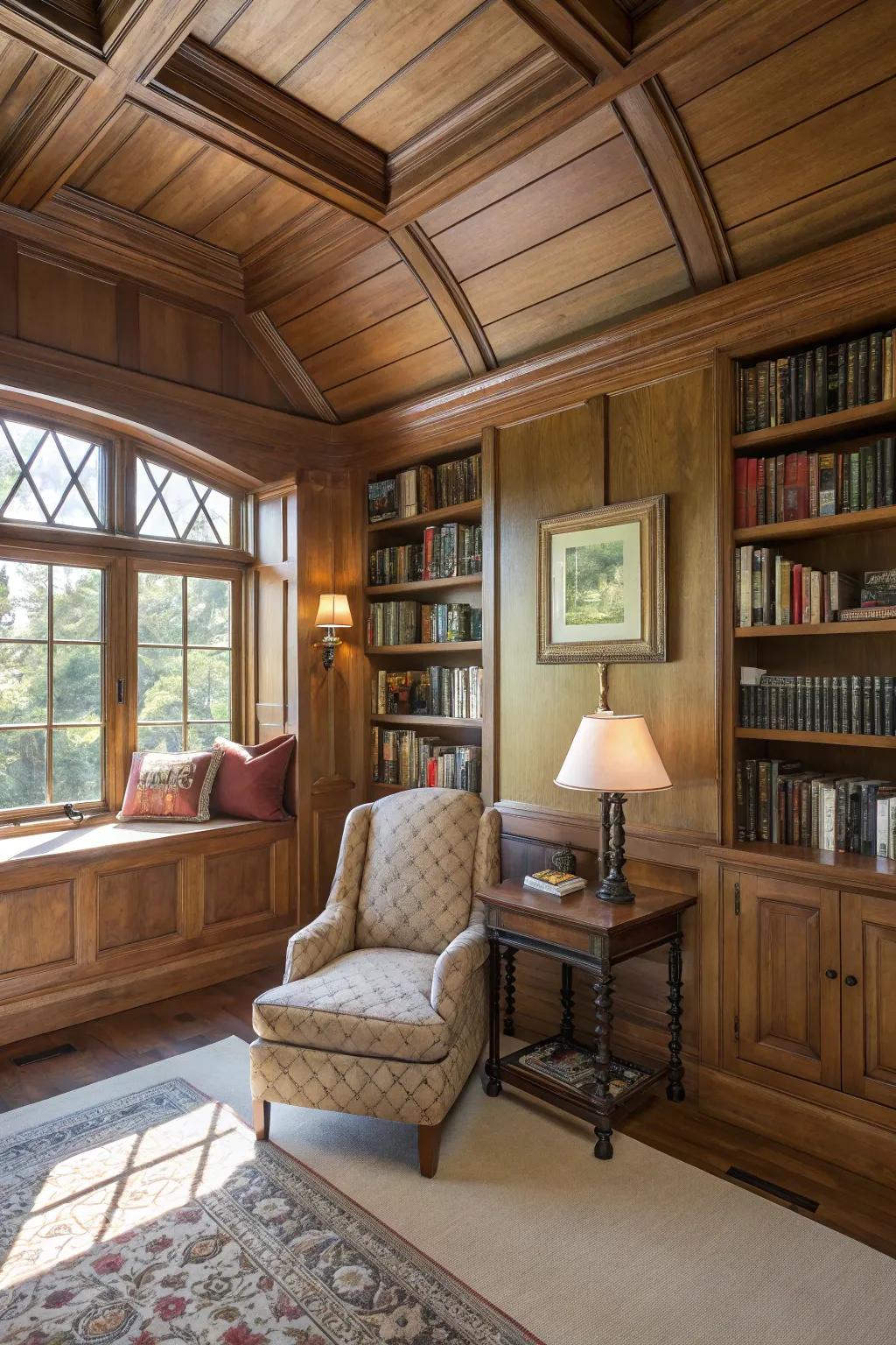 Wood panelling contributes warmth and personality to reading spaces or personal libraries.