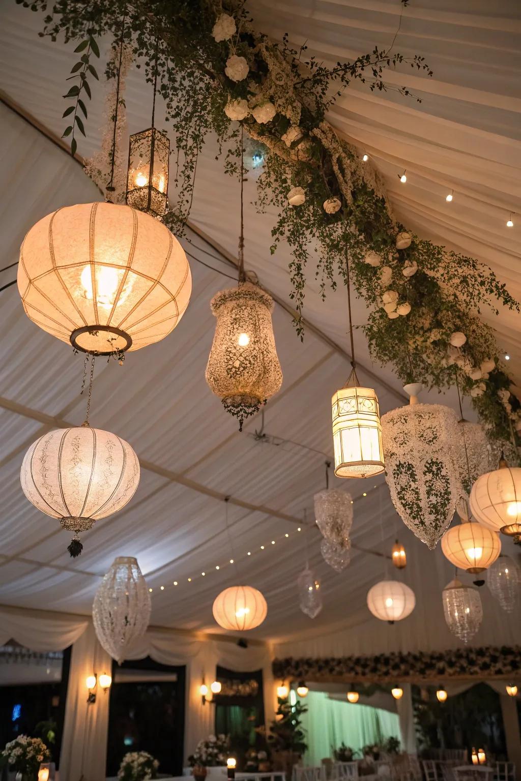 Suspended lanterns contribute cozy charm.