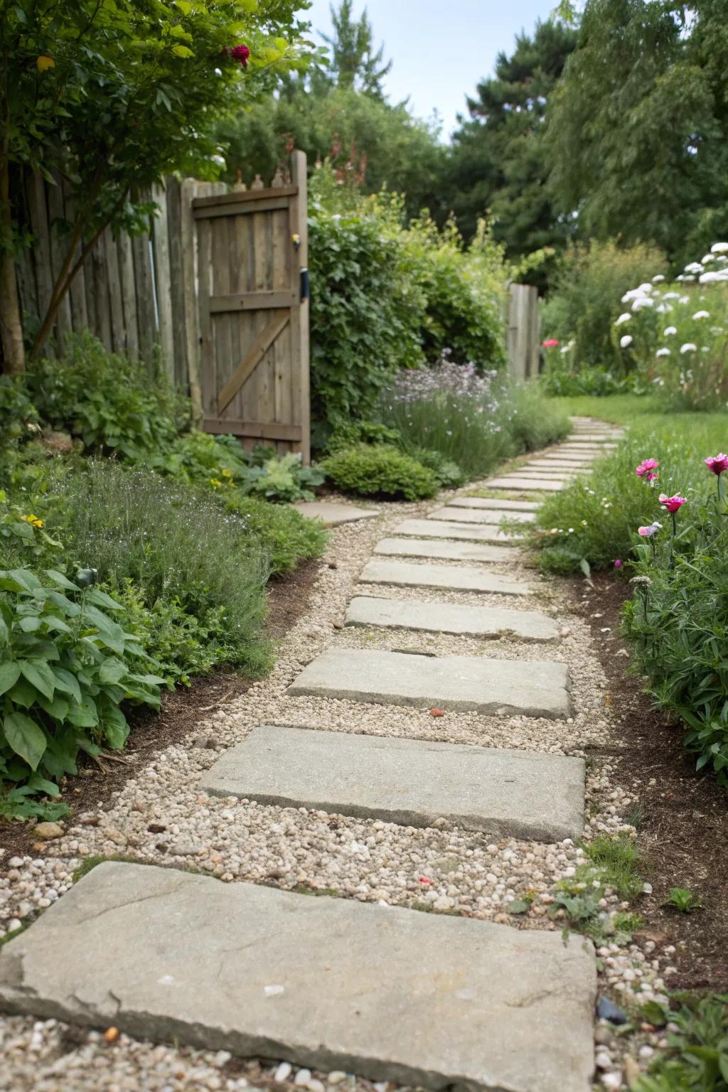 An artistic interplay of concrete and stones, shaping a distinctive garden trail.