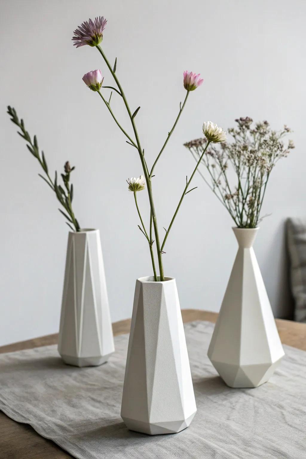 Minimalist angular containers highlighting single flowers.