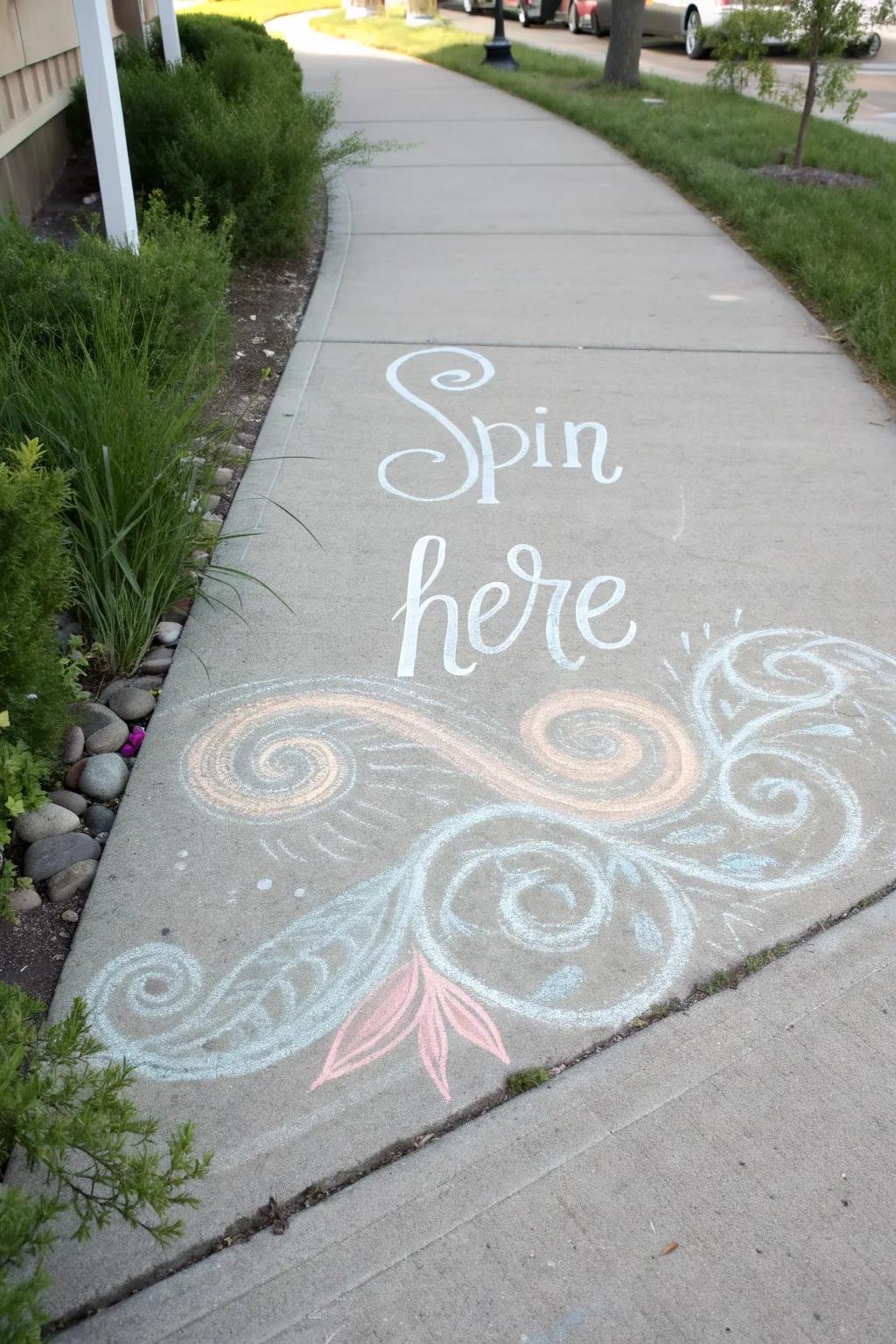 Add a playful twist to your playtime with this delightful 'Spin Here' chalk design, suitable for little twirlers and lovers of minimalist beauty.