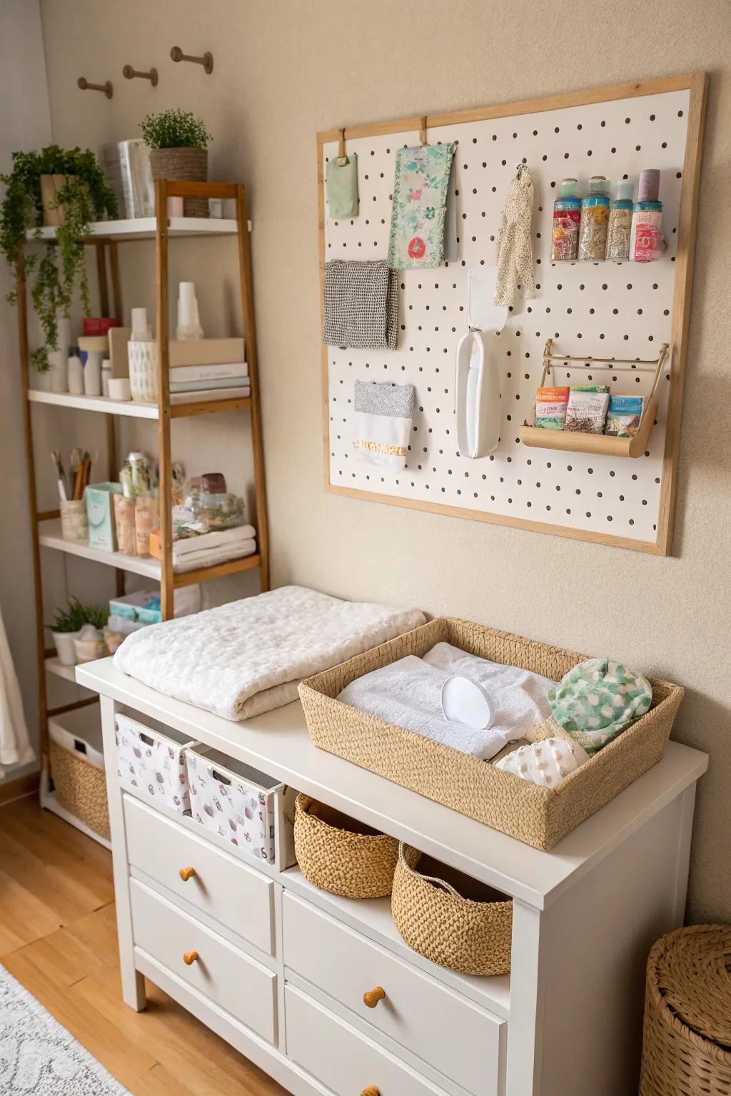 Vertical storage maintains organized essentials within reach.