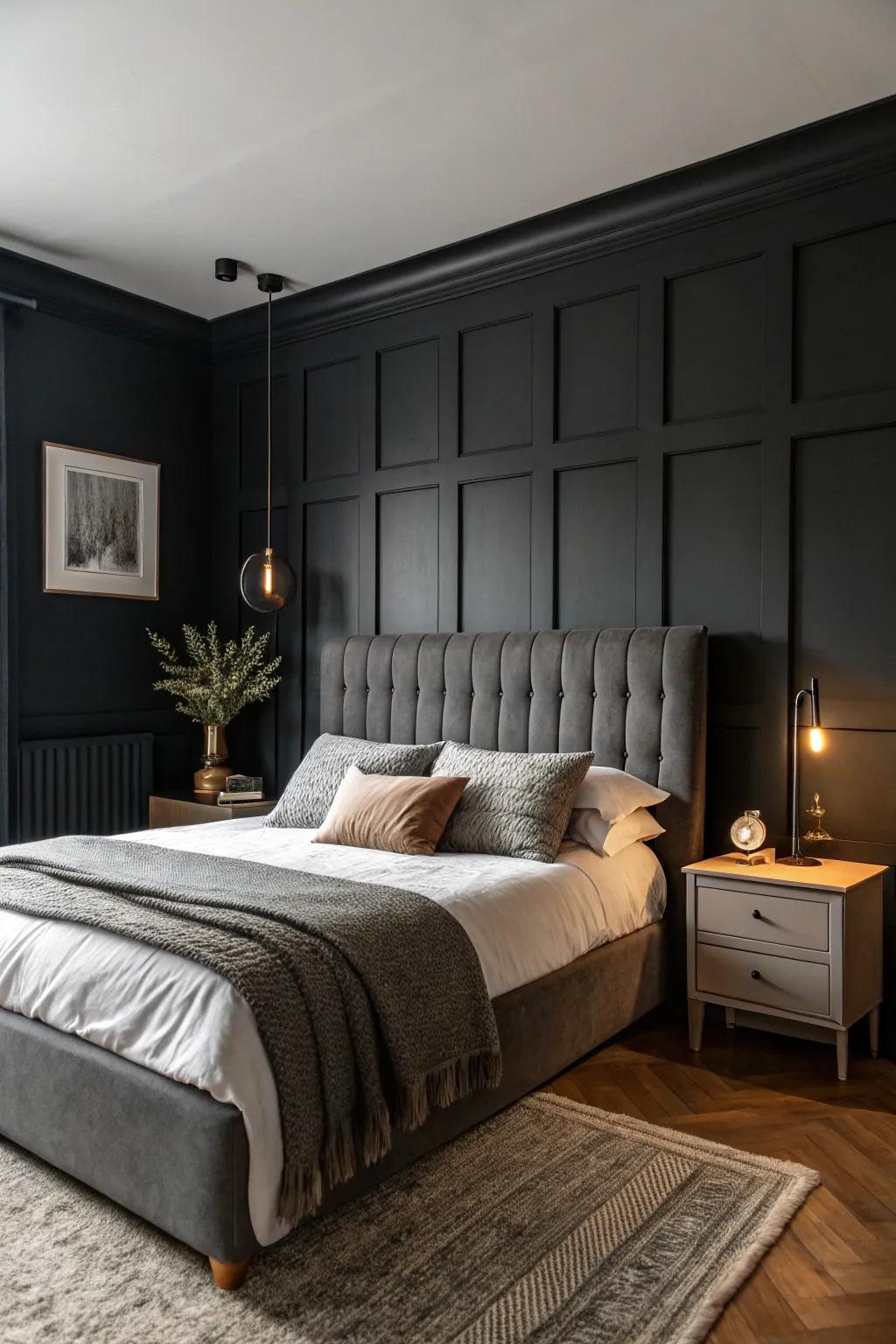 Shadowy walls aligned with a grey headboard for a dramatic and snug boudoir.