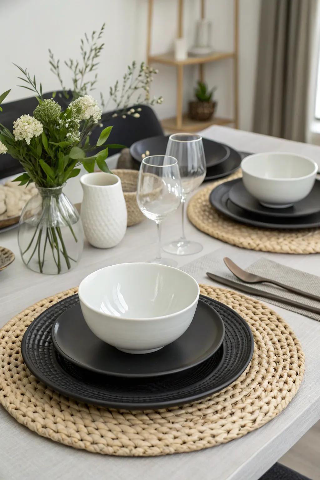 Black and white come together for a crisp, modern table setting.