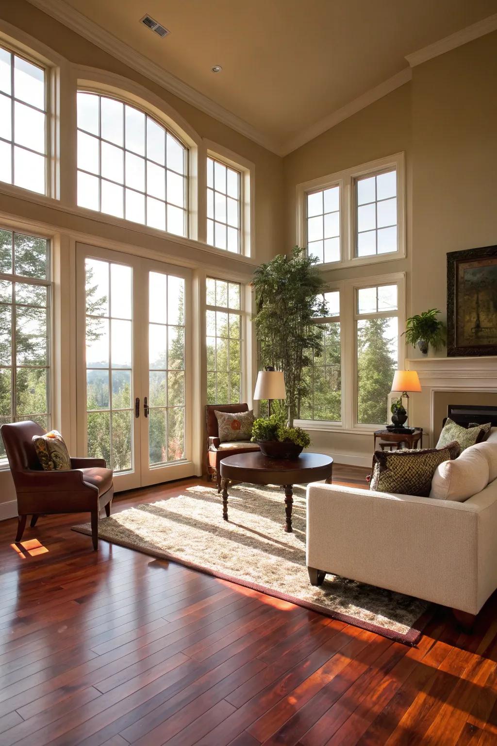 Sunlight enhances the splendor of polished redwood floors.