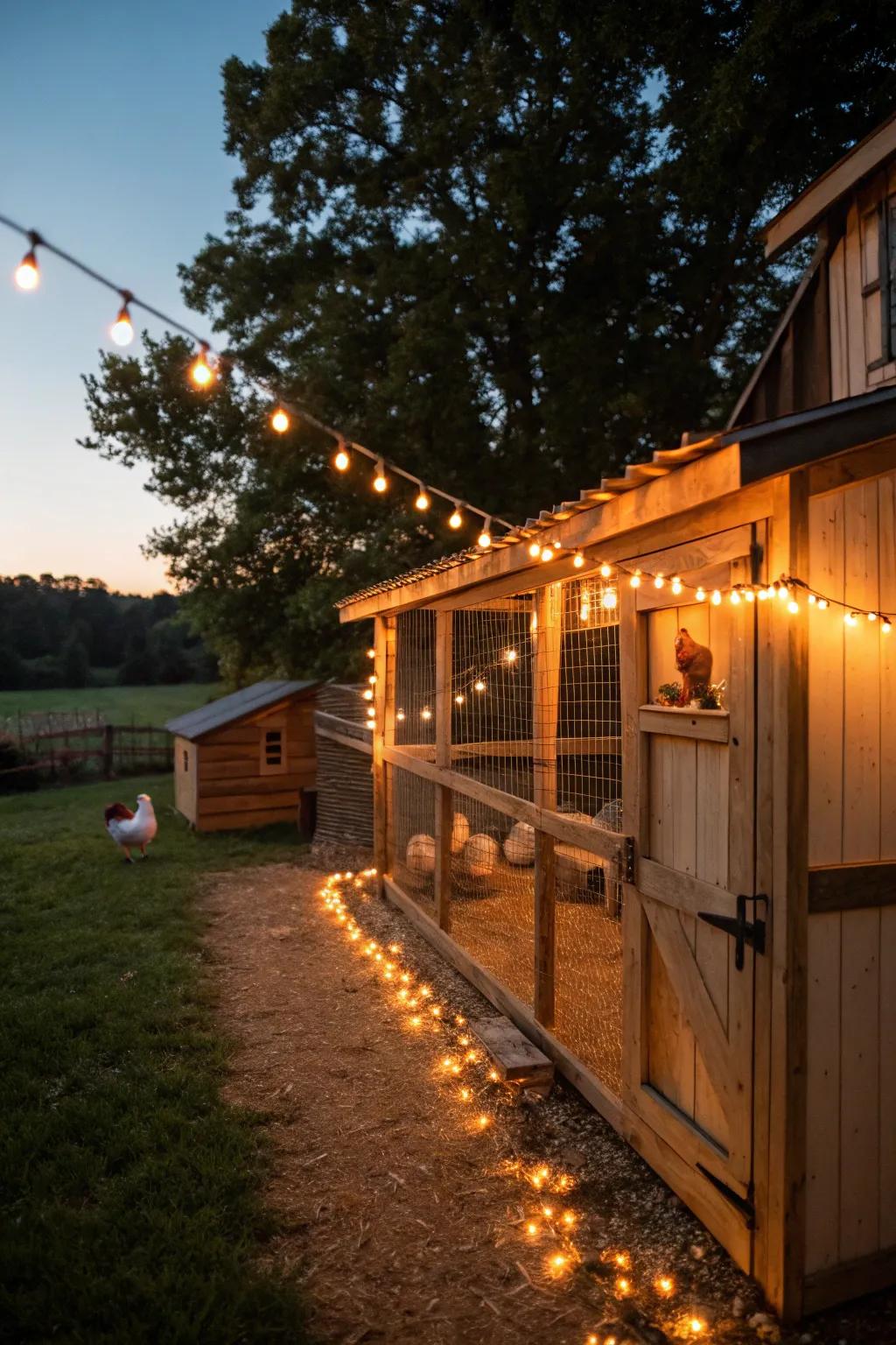 Dangling illumination incorporates a cozy and magical ambiance to your coop.