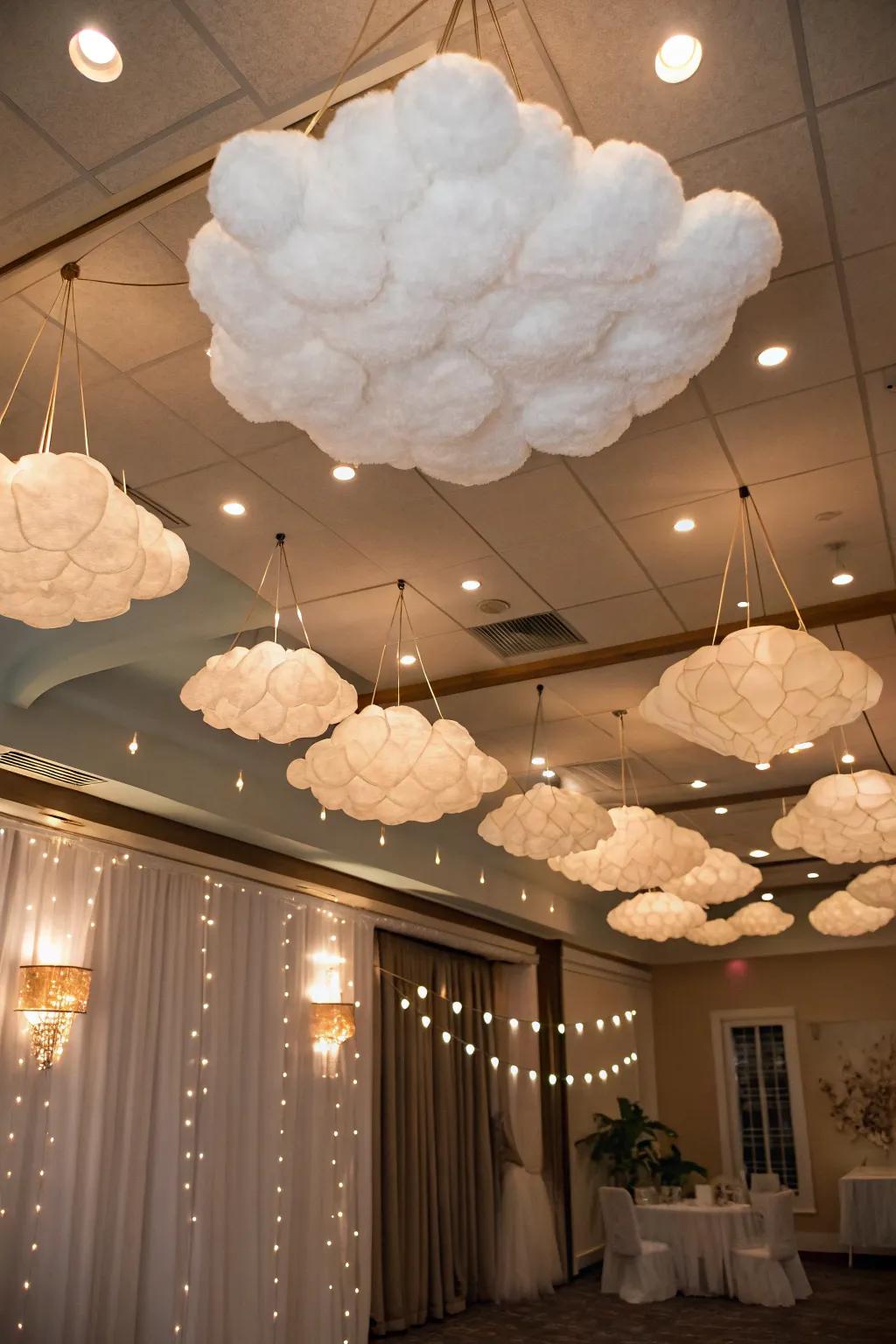 A dreamy ceiling decorated with cloud-like decorations.