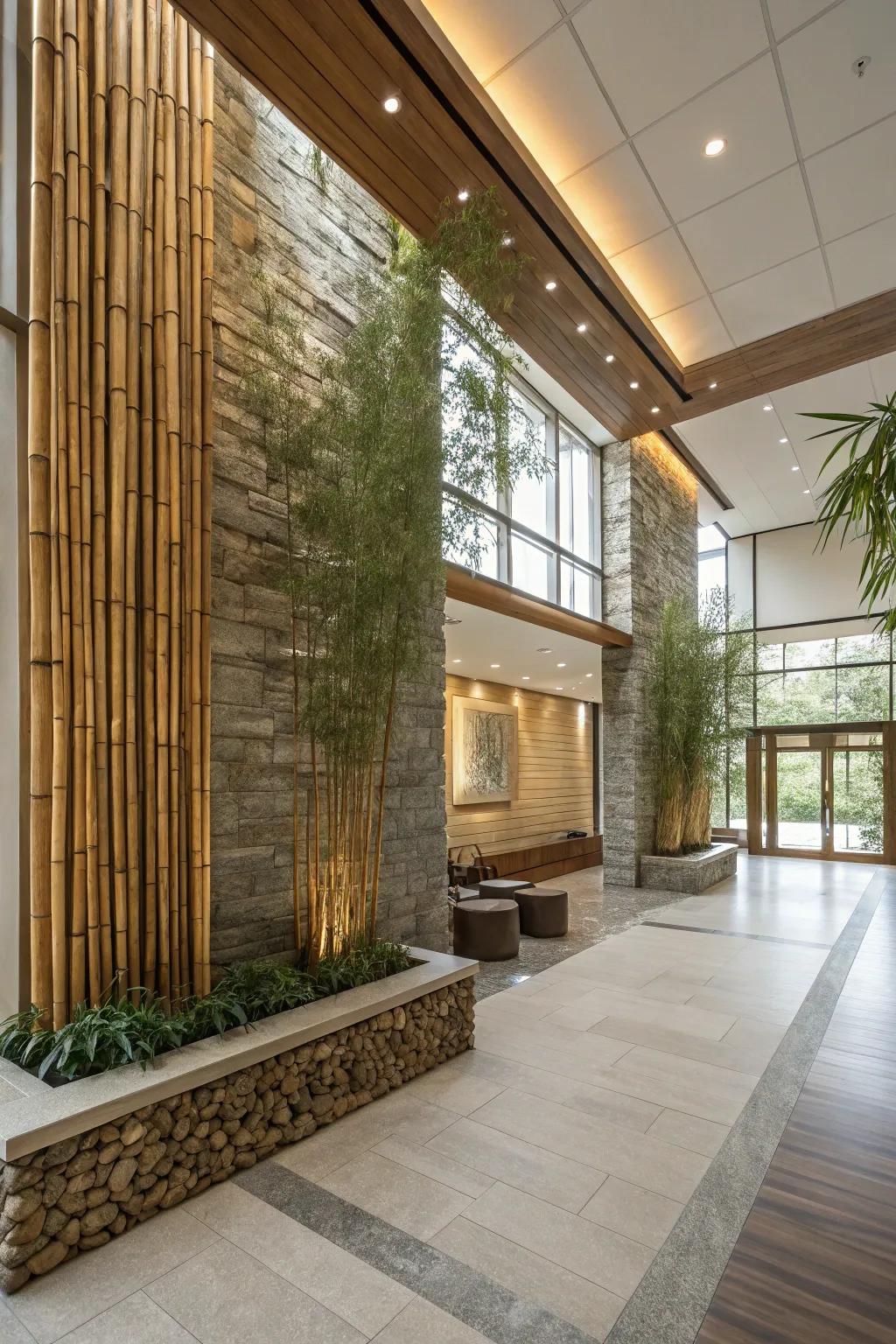 Organic bamboo and rock elements adding coziness to the entrance.
