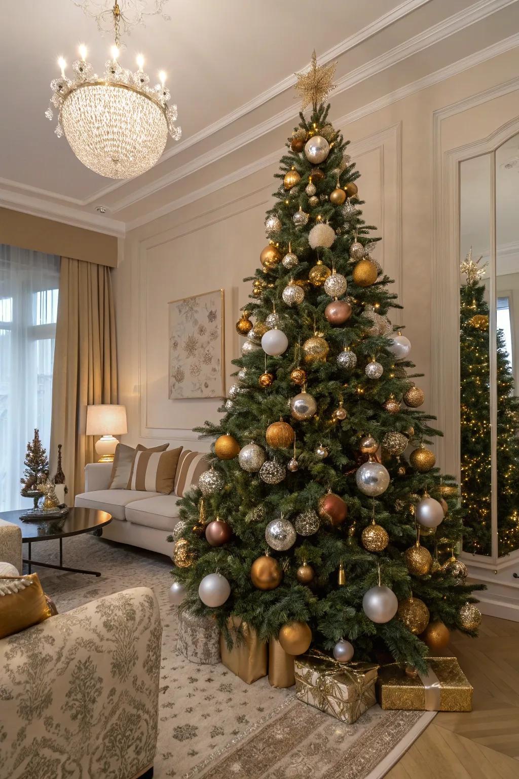 A lavish metallic bauble tree that dazzles with jubilant elegance.