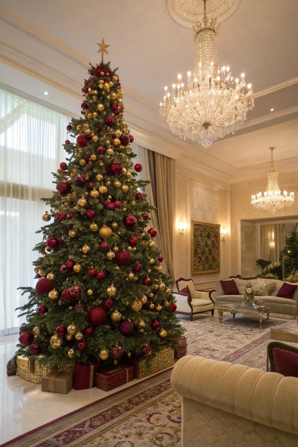Vinous and aurum conjure a sumptuous, lavish Christmas setting.