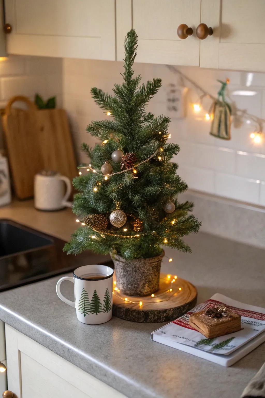A petite Christmas tree imparts charm to the kitchen.