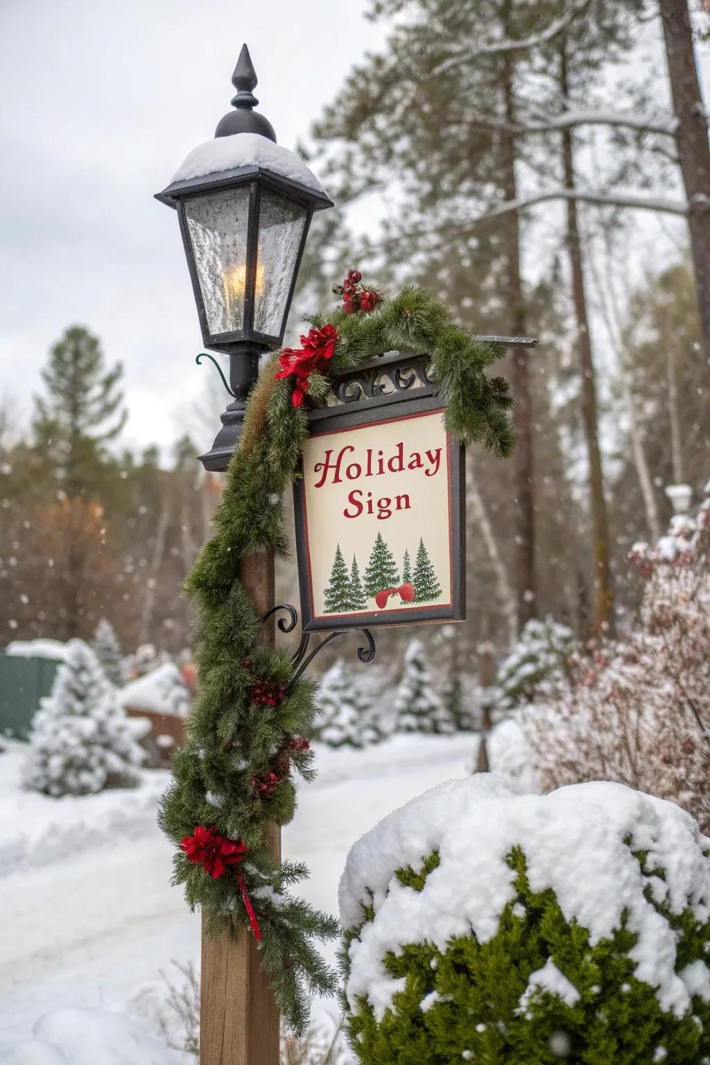 A festive sign disseminates holiday happiness from a lamp post.