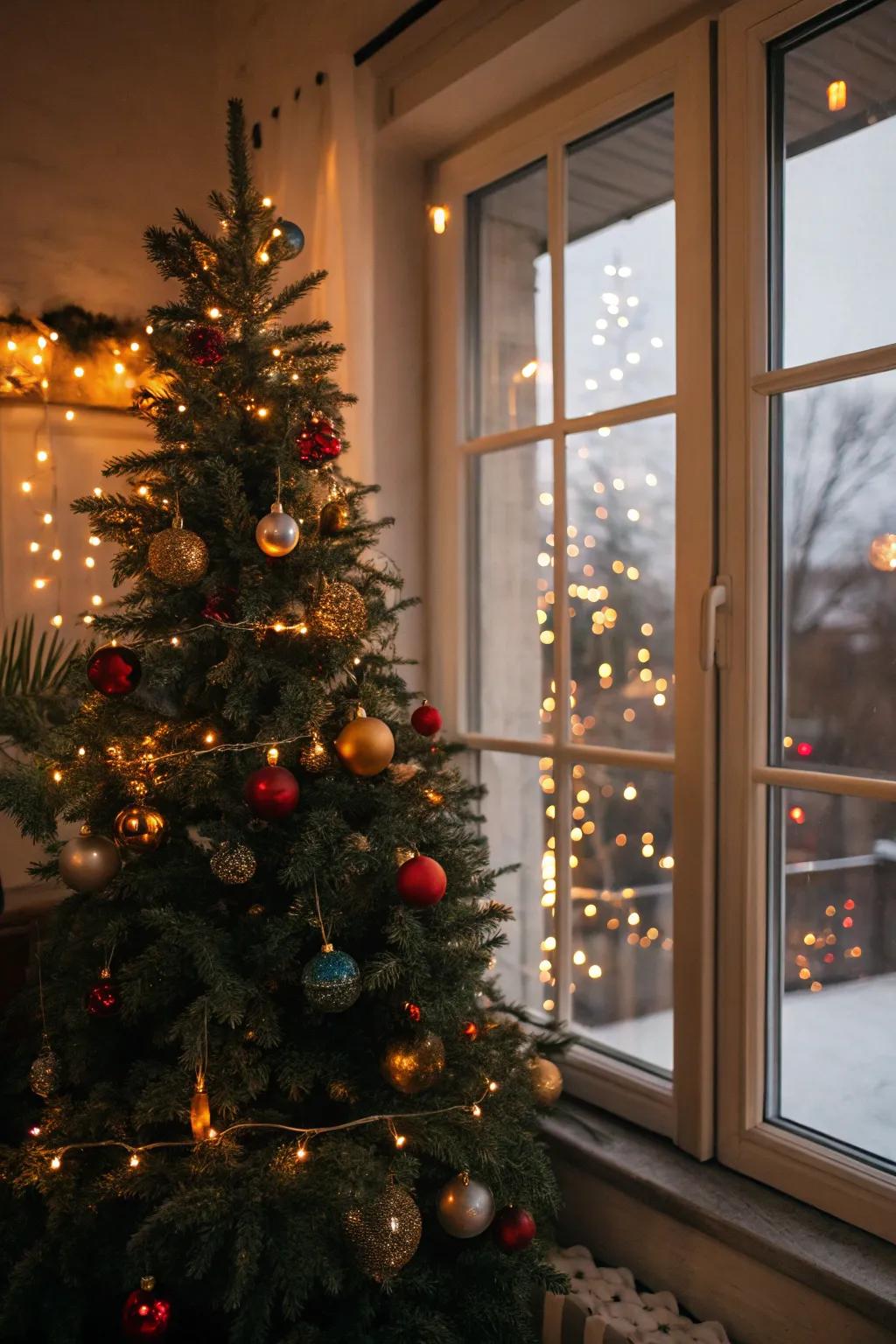 Tree lights reflecting in the window create a shared festive display.