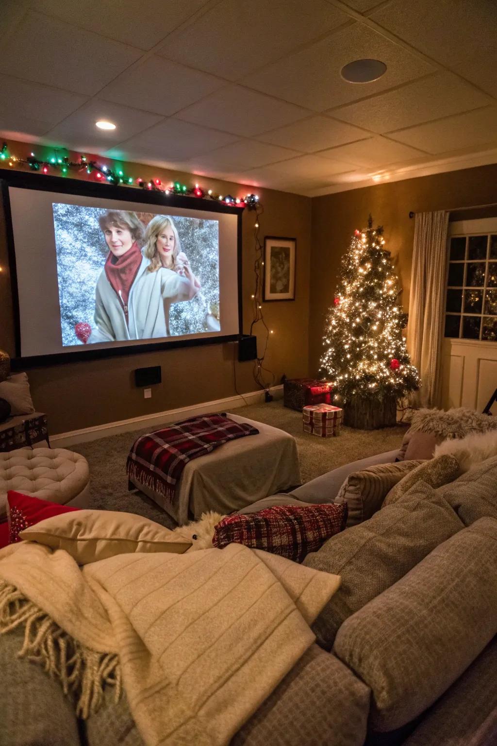 Create a cozy space for a festive movie marathon.