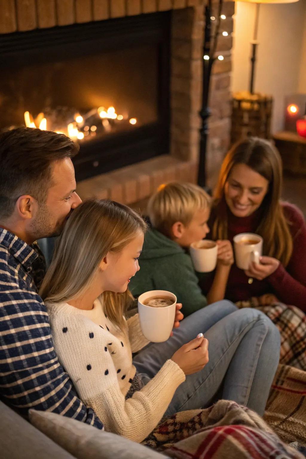 Family convened around the hearth, relishing warm cocoa.