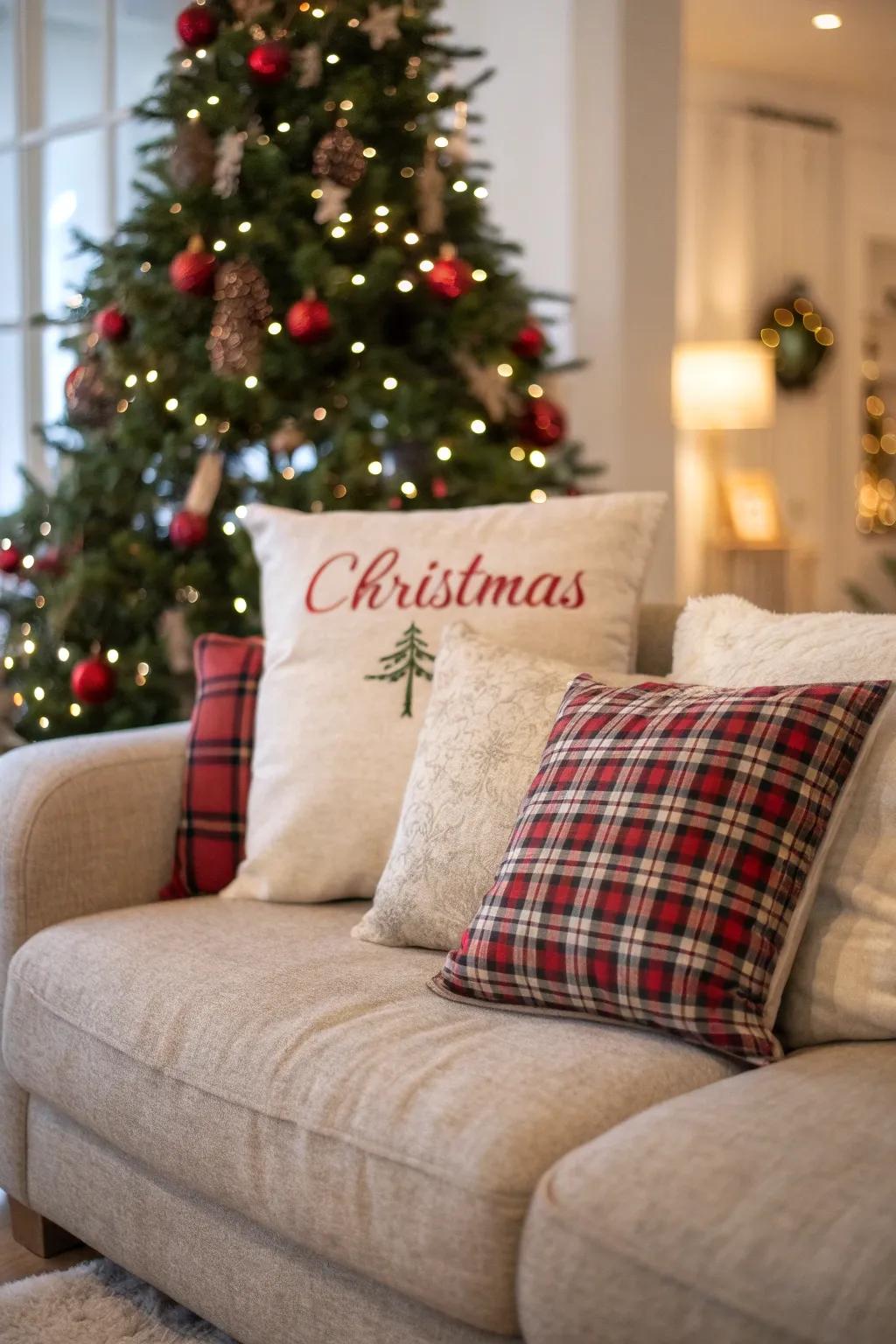 Script-embellished cushions disseminating celebratory cheer.