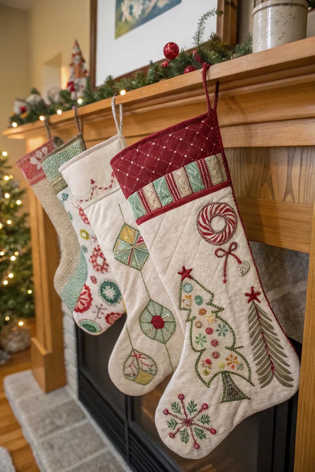 Do-it-yourself handcrafted details turn each stocking into a distinctive showpiece.