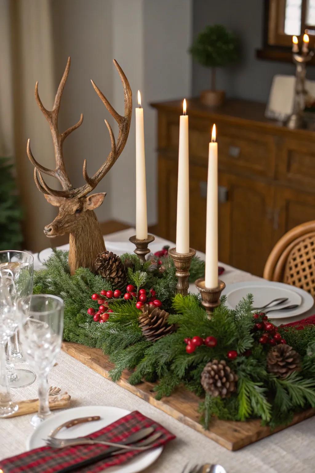 Horns create a striking point of interest in earthy holiday d&eacute;cor.