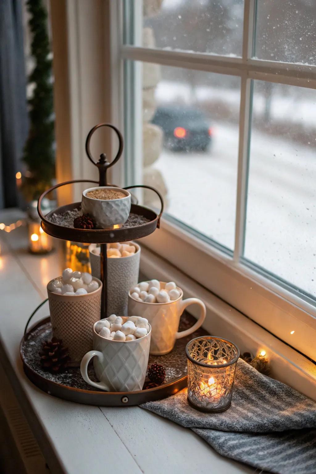 An inviting and cozy warm cocoa hideaway on a tiered stand.