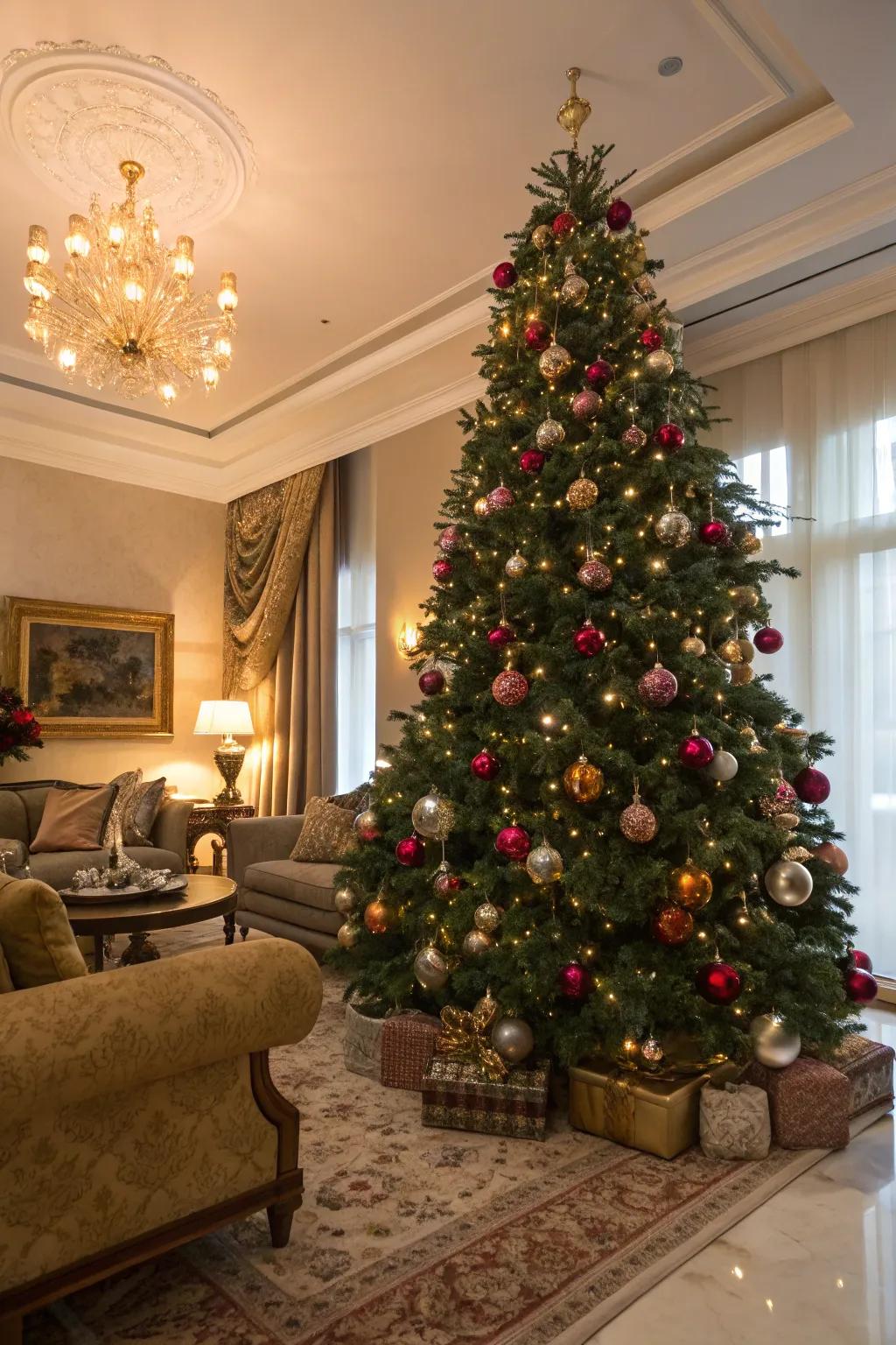 A sumptuous Christmas tree featuring metallic ornaments and colored illuminations, radiating sophistication and festive spirit.