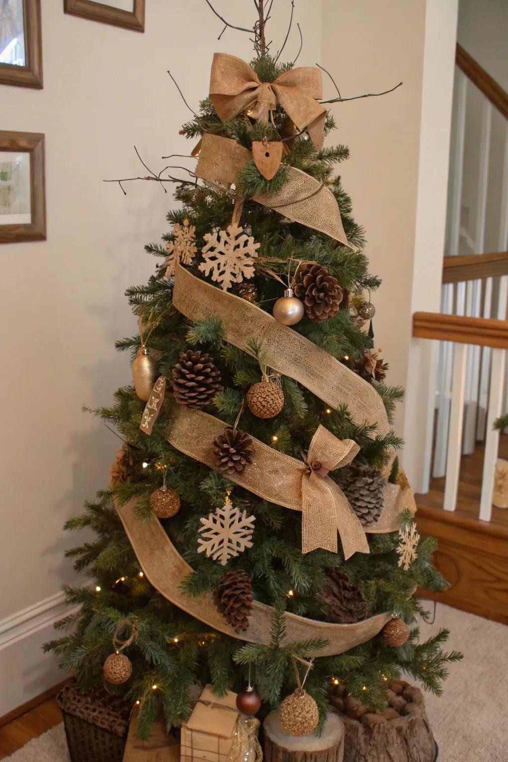 A Christmas tree embellished with rough-spun ribbons and earthy elements, embodying a rustic farmhouse appeal.