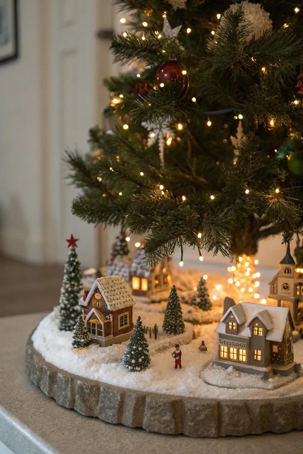 A magical village situated beneath the Christmas tree enhances the festive charm.