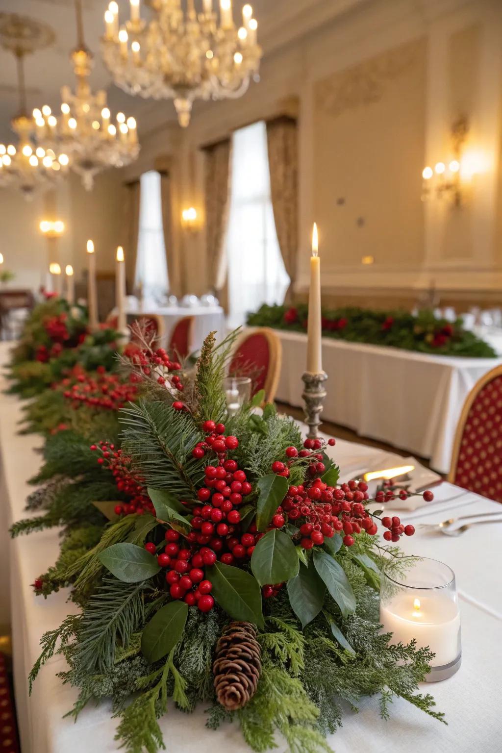 Vibrant scarlet berries bring centerpieces to life.