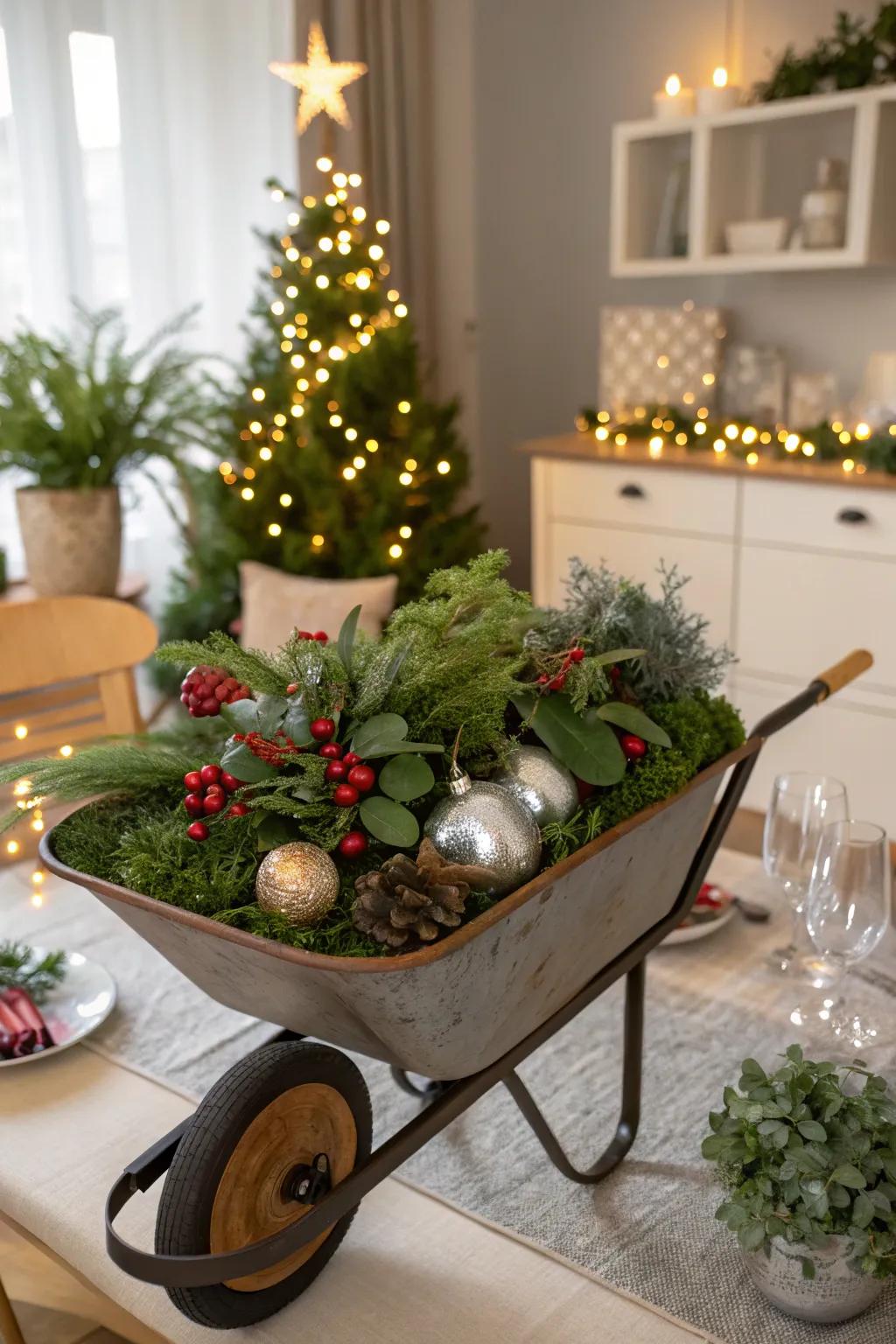 A wheelbarrow focal point that brings celebratory appeal to the table.