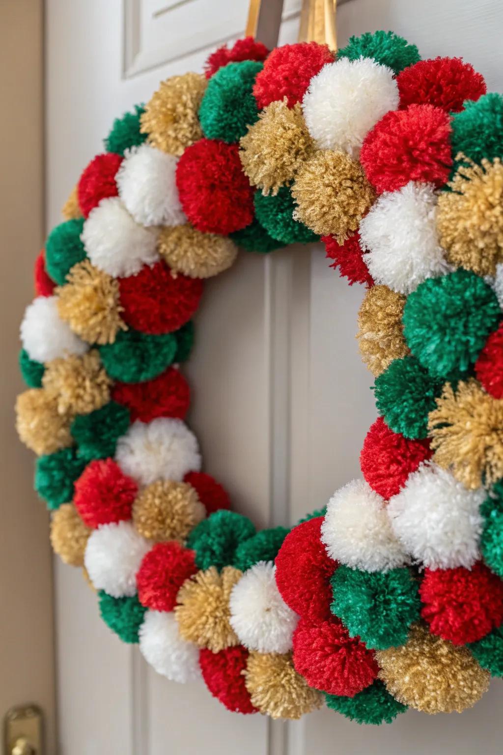 A festive pom-pom wreath that imparts a lively flair to any setting.