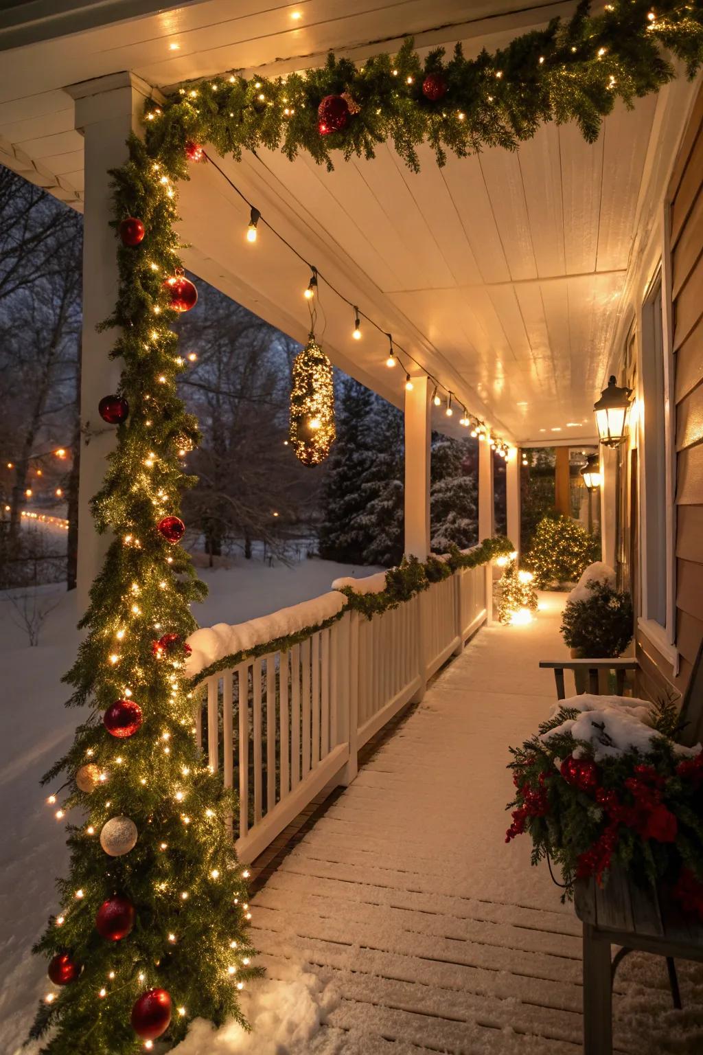 A veranda elegantly adorned with foliage chains and trinkets.