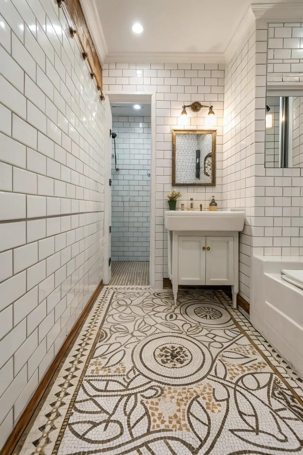 Rectangular tiles coalesced with detailed patterned flooring.