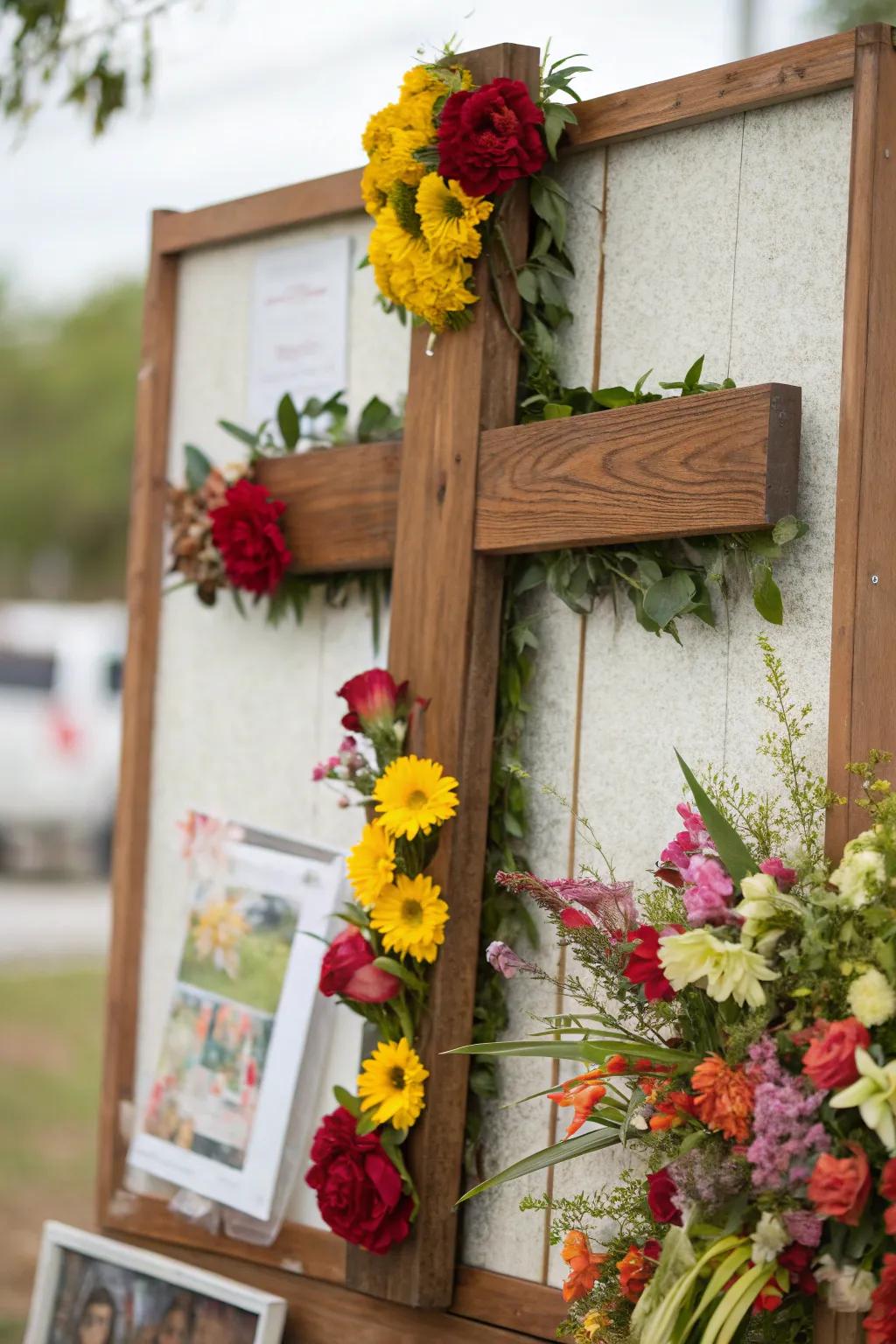 An Easter display containing a religious context focused around a crucifix and floral settings.