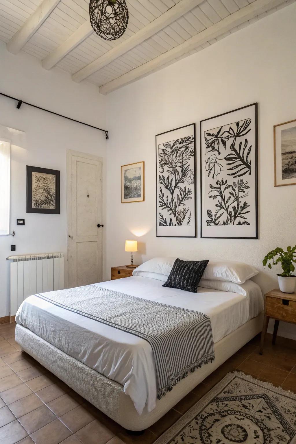 Minimalist art complements the clean lines of this bedroom.