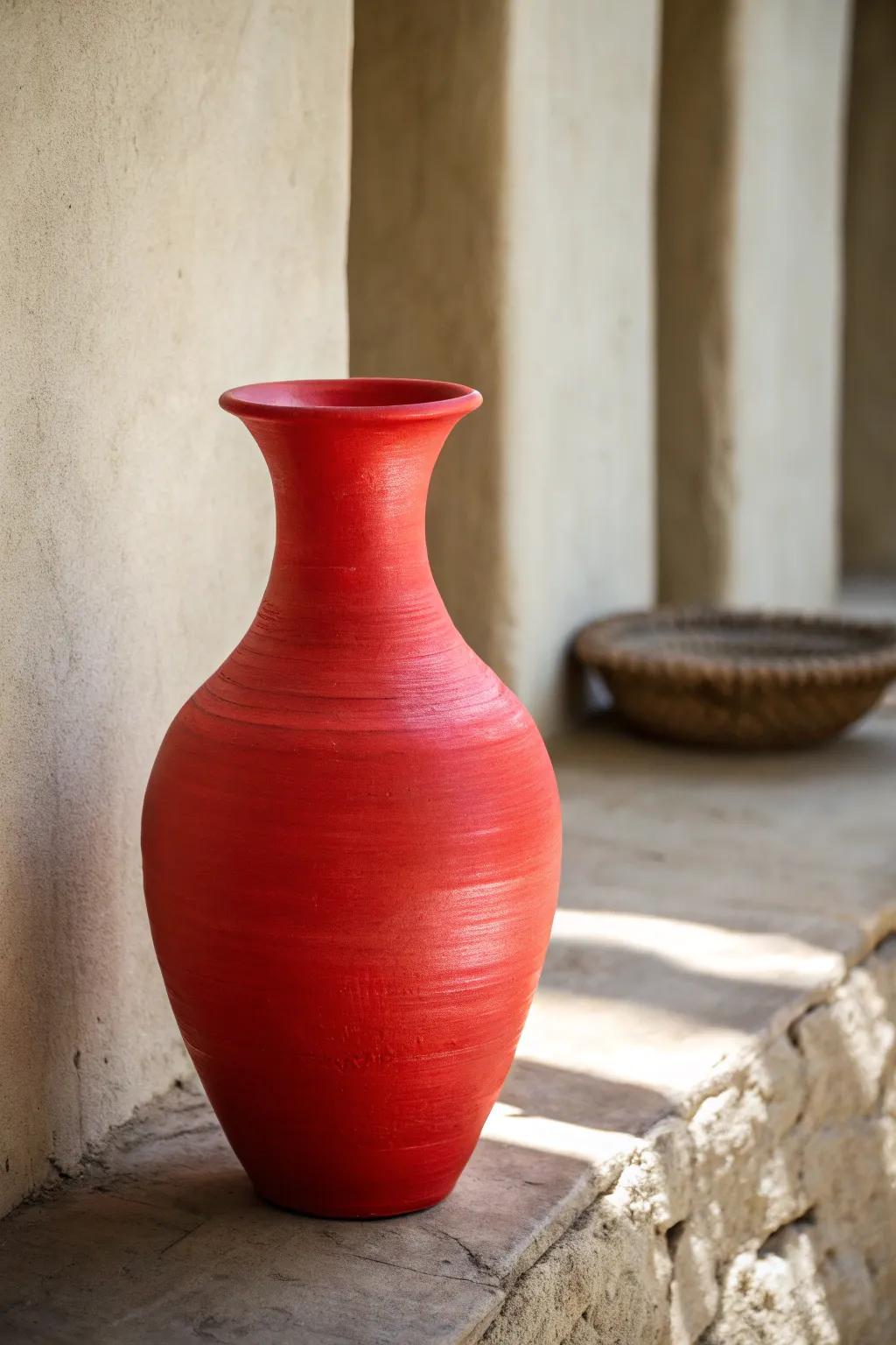 A vibrant red earthenware flower holder delivers a striking burst of color in an otherwise neutral setting.