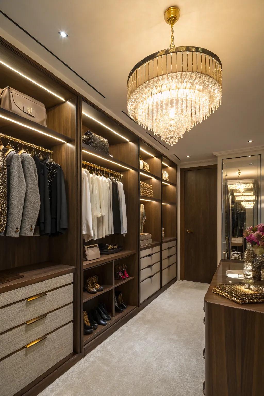 Refined illumination elevates the closet's ambiance and practicality.