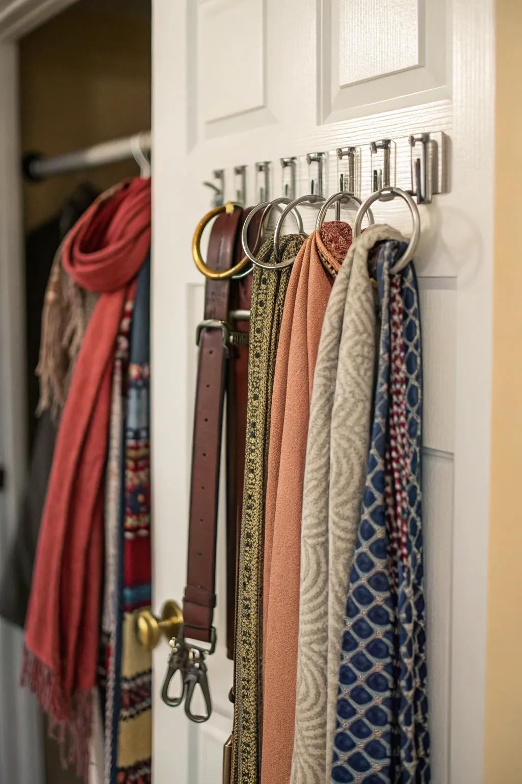 Hooks provide a tidy and accessible storage solution for accessories.