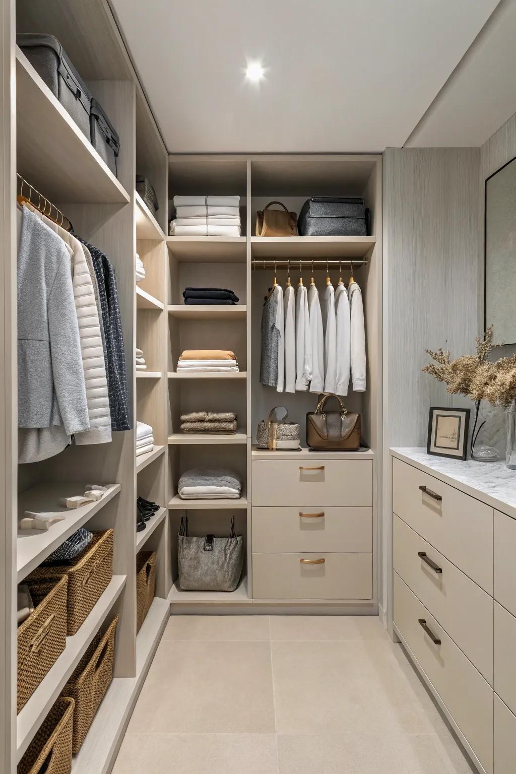 A minimalist approach ensures your closet is serene and orderly.