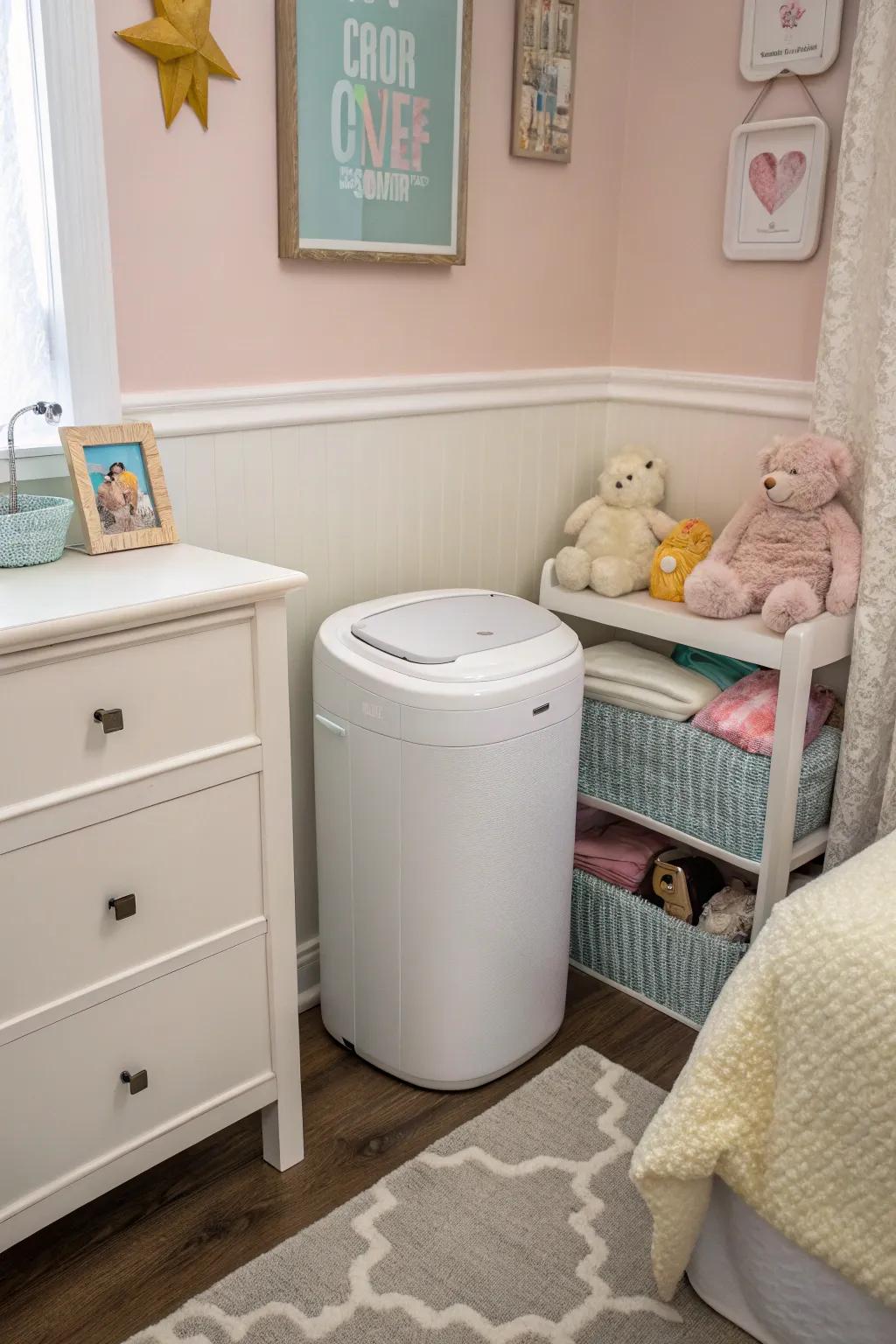 A small baby wrap container fits perfectly into a small baby room corner, maximizing space efficiency.