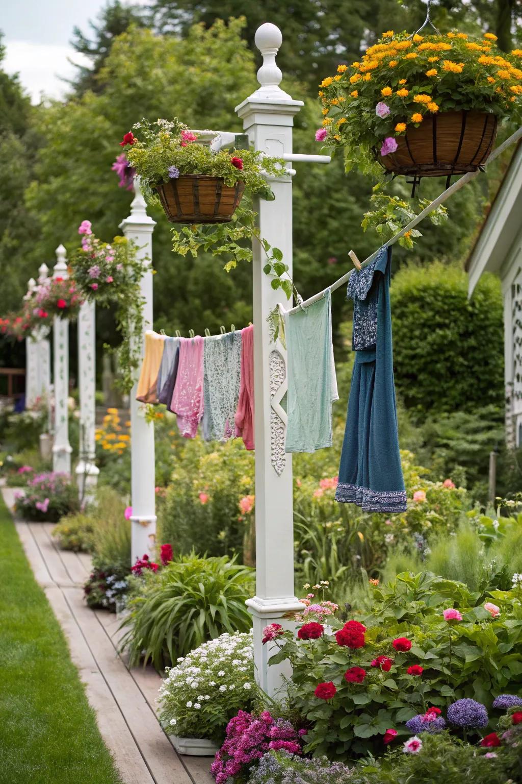 Decorative posts enhance this charming garden clothesline.